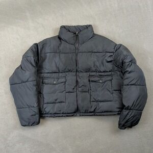 Wednesday's Girl Puffer Jacket Womens 24 Black Cropped Quilted Utility Pockets